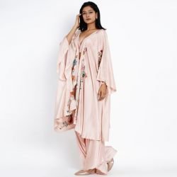 Set Of Three,Delicately Hand Embroidered Cape With Quilted Bralet And Alaadin Pants 