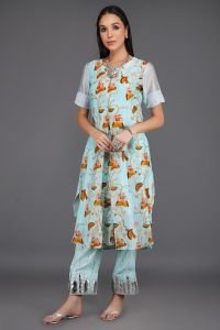 Pichwai Printed Silk Chanderi Tunic & Pants With Leather Applique Work.