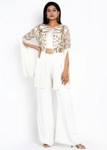 Ivory Fringe Cape With Embroidery With Bustier And Pants