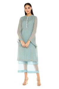 Sage Blue Folk Print Kurta Paired With Chanderi And Organza Pants