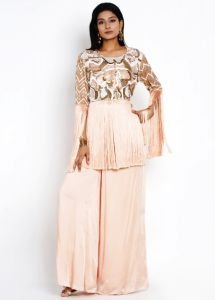 Peach Fringe Cape With Embroidery With Bustier And Pants