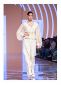 Monogram Printed Chiffon Shirt With Exaggerated Sleeves And Printed Pants Paired With Monogram Rope Belt