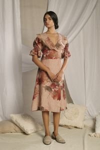 Beige floral print overlap dress
