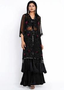 Black Organza Embroidered Tasseled Jacket With Inner & Pants