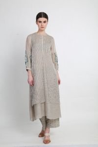 Beige Applique Tunic With Printed Pants