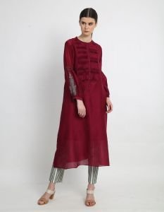 Embroidered & Pin tucked Tunic With Stripe Pants