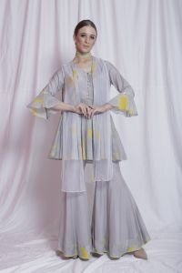 Signature Printed Pure Cotton Chanderi Peplum Kurta With A Sheer Jacket And A Solid Coordinated Sharara Set.