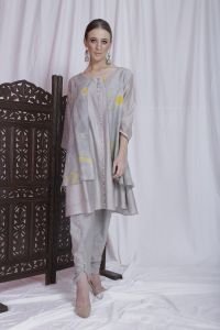 A Line Jacket Style With Solid / Print Combination And Solid Cotton Chanderi Tulip Dhoti Pants.