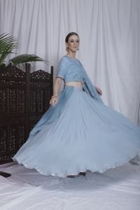 Fully Embellished Light Blue Signature Printed Blouse With Solid Lehenga Skirt And Signature Printed Ruffle Dupatta