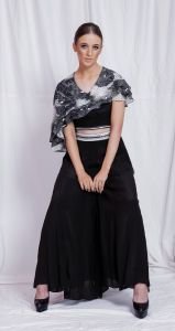 3 Layered Ruffle Crop Top Hand Embellished With Sharara Flared Pants-Noir Signature
