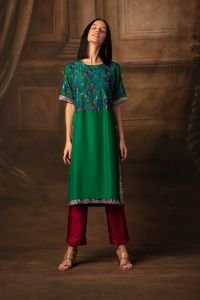 Deep Green Silk Tunic with Kantha Embroidery and Vintage Trims lining is Red with Santoon as fabric. Trouser is Silk and the Colour is Red