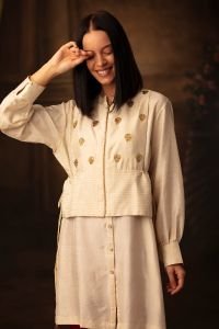 Off White Chinese Collared Silk Shirt with Quilted Jacket and Hand Embroidered Vintage motifs