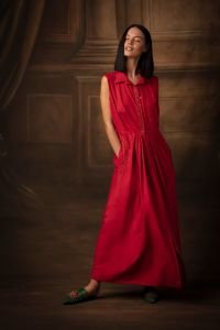 Red Washed Silk long Dress with Tone Tone Thread and Zari Embroidery at the Pockets