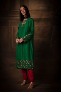 Deep Green Silk Embroidered Tunic with Red Silk Trousers. Tunic is lined with Santoon Fabric