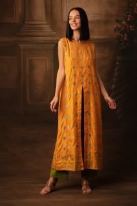 Yellow Silk with Vintage Appliqued Hand Embroidered Motifs. Trousers are leaf Green. Tunic is lined with Santoon Fabric