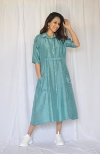 Bluish Grey Silk Dress with Blue Stitch Detailing. Full Front Open with Buttons
