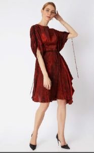 Hand Microplated Dress With Adjustable Sleeves And Waist-Red