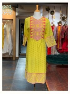 Yellow Eobby Weave Tunic With Gota and Peach Embroidery
