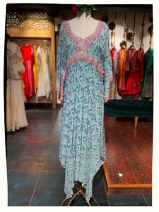 Printed Kaftan Dress with Embroidery 